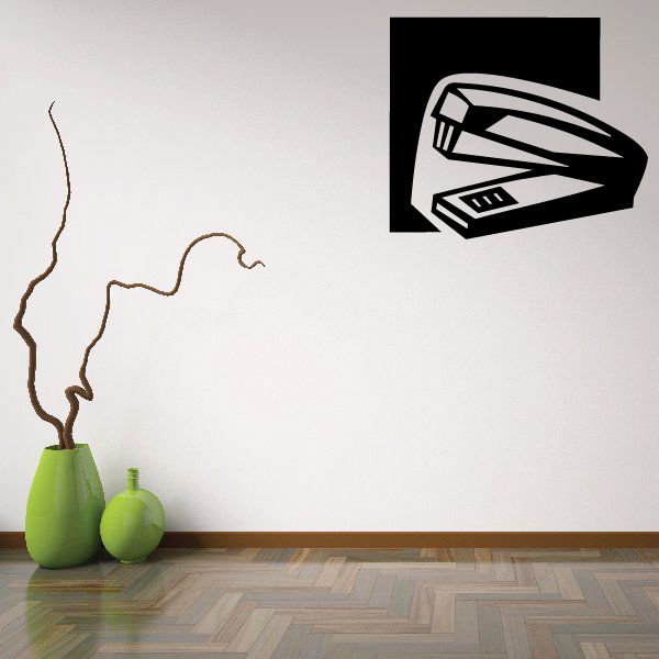 Classic stapler decal with bold black-and-white stapler icon