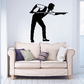 Pool player wall decal with a black silhouette cue and bent-leg stance