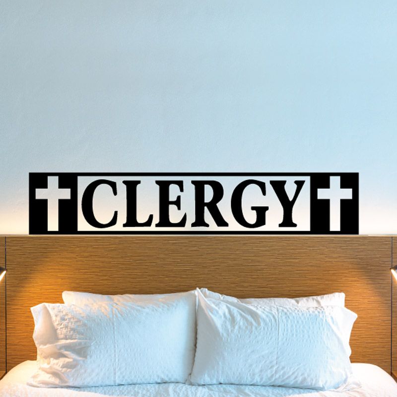 Clergy decal with black background, white cross icons, and bold “CLERGY” lettering