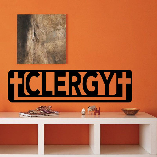 Black clergy cross decal panel with stylized 'CLERGY' lettering
