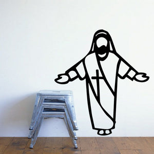 Cloaked Jesus wall decal with arms out, hooded robe and cross pendant, black-and-white