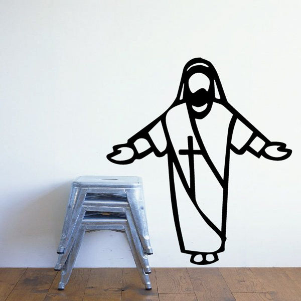 Cloaked Jesus wall decal with arms out, hooded robe and cross pendant, black-and-white