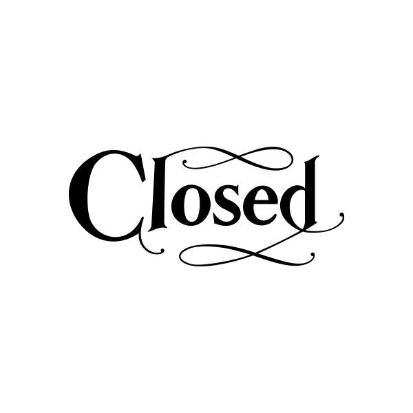 Closed vinyl decal sticker in black cursive with decorative swirls and comma