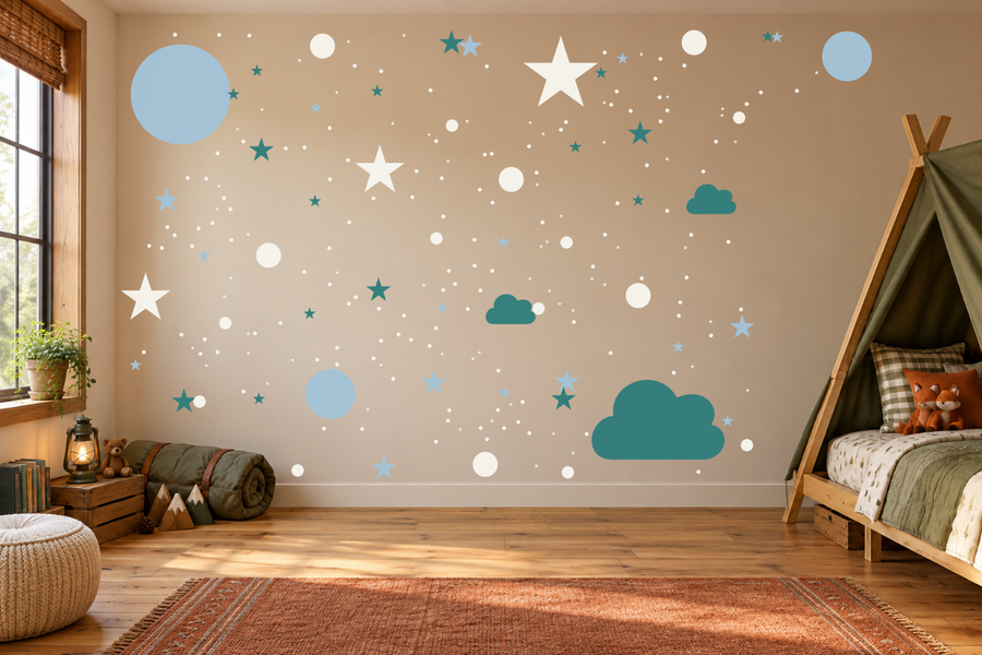 Wall decal kit pattern with large moon, star, and cloud decals in teal and white