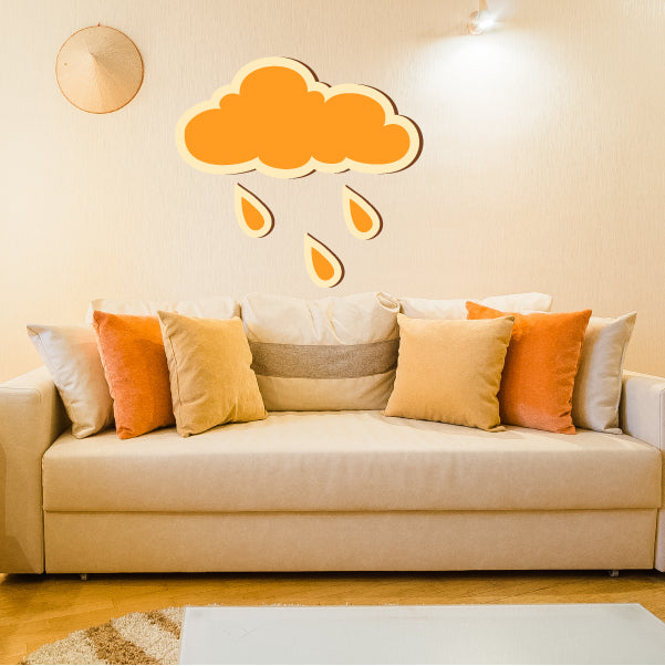 Orange cloud rain sticker with cream outline and teardrop raindrops