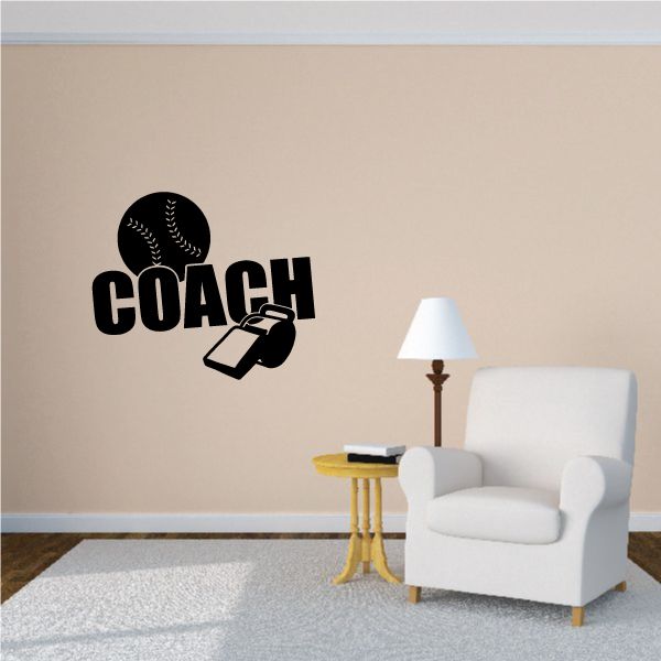 Vinyl wall decal with black COACH text and whistle & softball icon