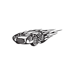 Racing car decal with checkered flag and flame graphics, black and white