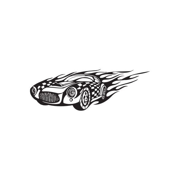 Racing car decal with checkered flag and flame graphics, black and white