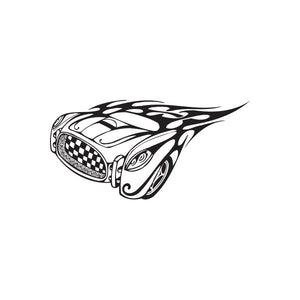 Flame race car decal with checkered grille and stylized cobra hood