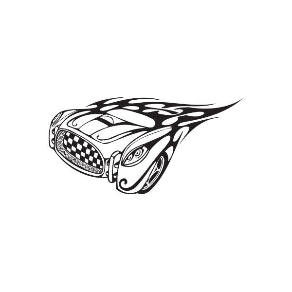 Flame race car decal with checkered grille and stylized cobra hood