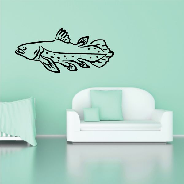 Black line-art coelacanth fish wall decal with fins and tail