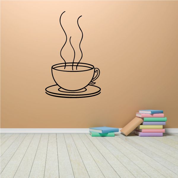 Coffee cup mug wall decal with steaming cup and saucer, line art vinyl sign