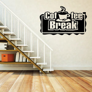Coffee break wall decal with black coffee cup and "Coffee Break" sign.