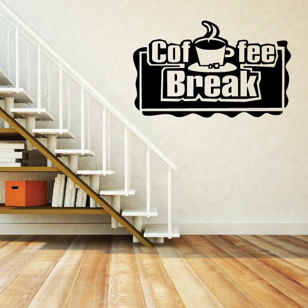 Coffee break wall decal with black coffee cup and "Coffee Break" sign.