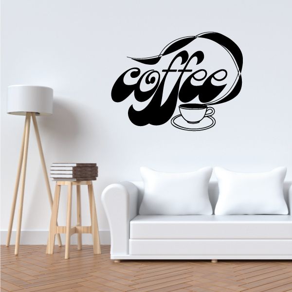 Coffee wall decal: black cursive coffee logo with cup icon on light background.