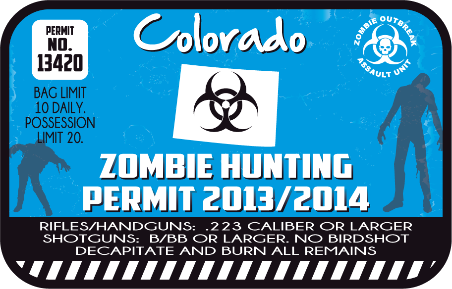 Colorado Zombie Hunting Permit Sticker with biohazard symbol and zombie hunter silhouettes