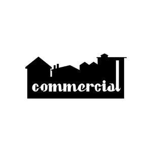 Vinyl decal sticker with black house skyline and 'commercial' text