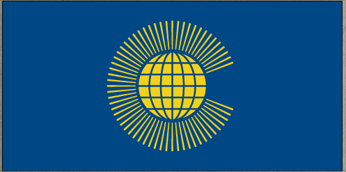 Common wealth flag sticker with globe in center and radiating yellow rays on blue