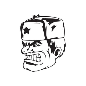 Black-and-white stylized communist soldier face decal with star helmet and open-mouthed grin