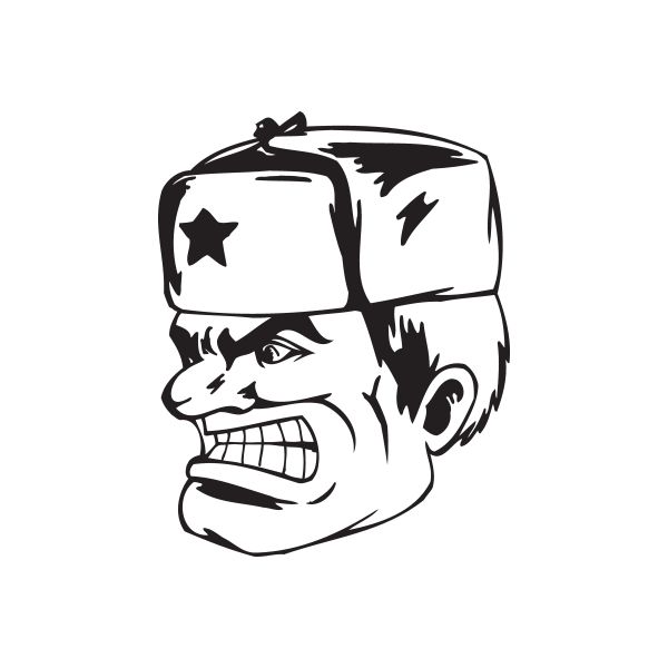 Black-and-white stylized communist soldier face decal with star helmet and open-mouthed grin