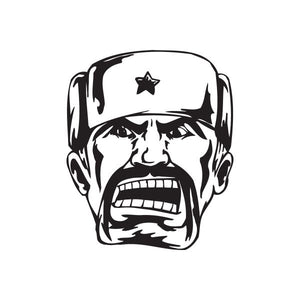 Stylized soldier face decal with black mustache, star cap, bold white and black lines