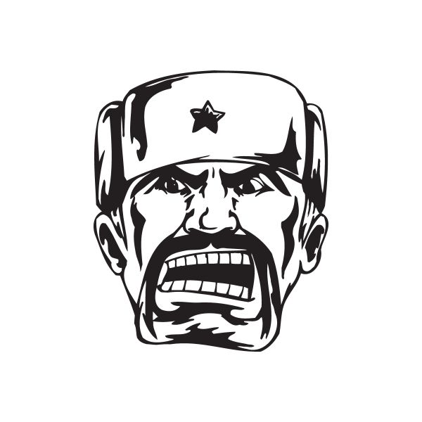 Stylized soldier face decal with black mustache, star cap, bold white and black lines