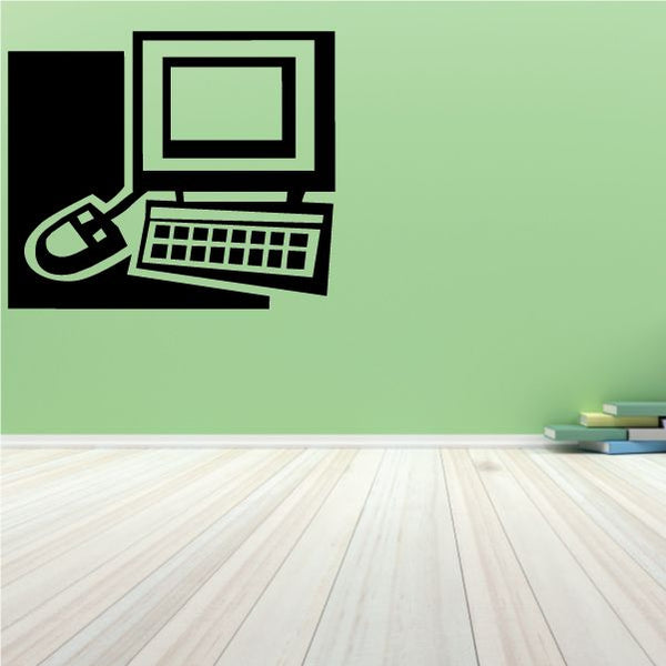 Computer decal with monitor, keyboard, and mouse graphic in dark tones