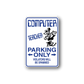Rectangular parking-only sticker with arrows and cartoon, text: COMPUTER TEACHER PARKING ONLY