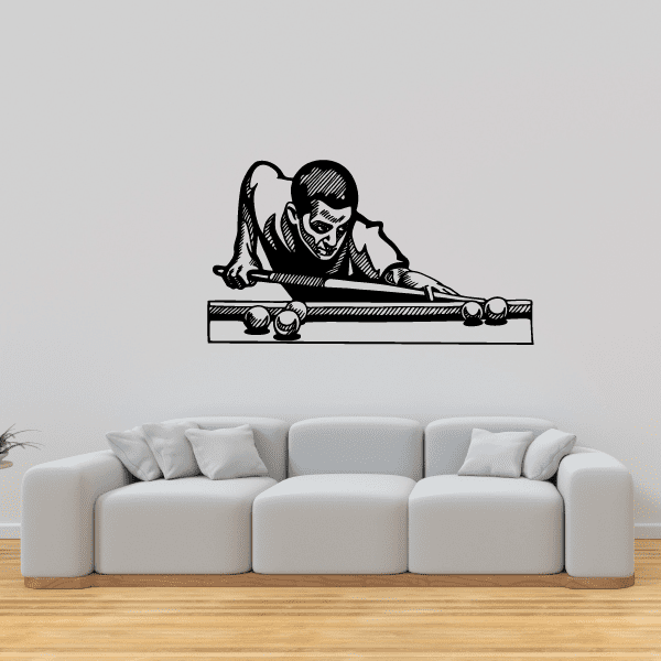 Pool player wall decal, black-and-white illustration leaning over a billiards table