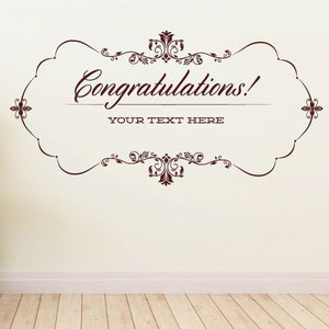 Congratulations vinyl wall decal with ornate filigree and banner text area