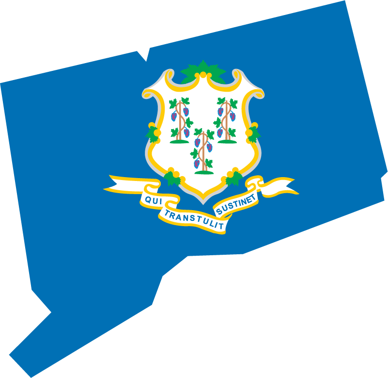 Connecticut state flag sticker in state outline shape with coat of arms details