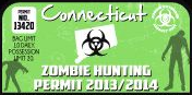 Zombie hunting permit sticker, green Connecticut design with date and barcode
