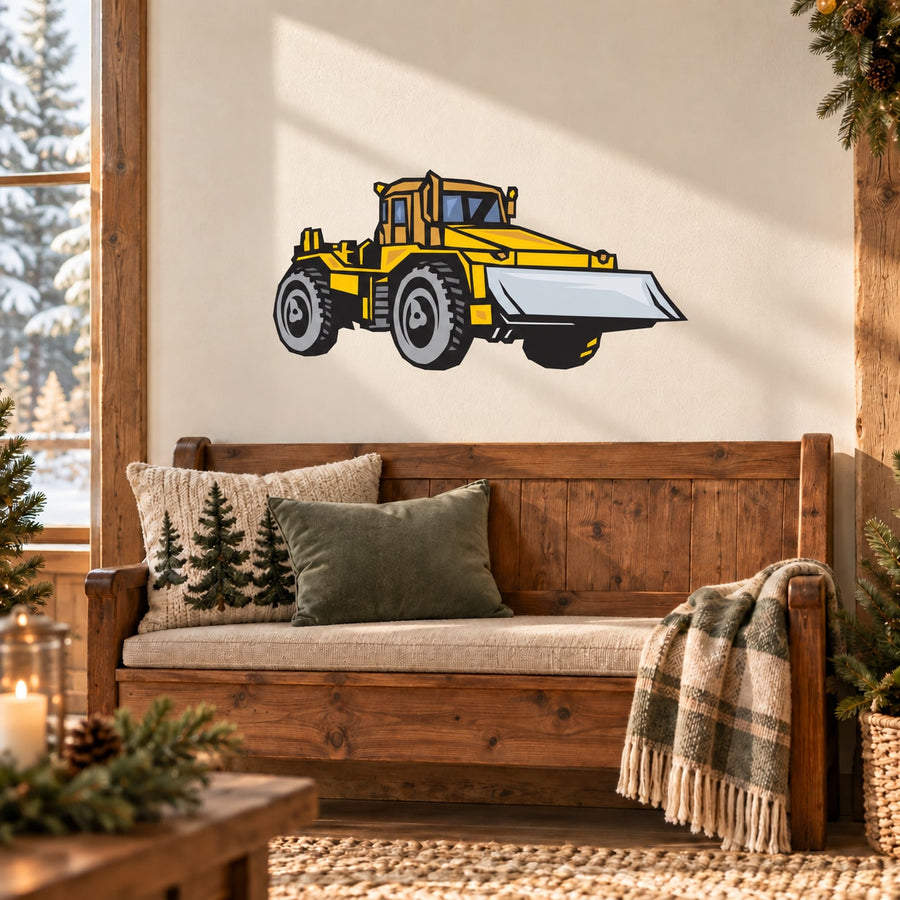 Construction Plow Sticker — illustrative vinyl decal application mockup. Surrounding objects are not included.