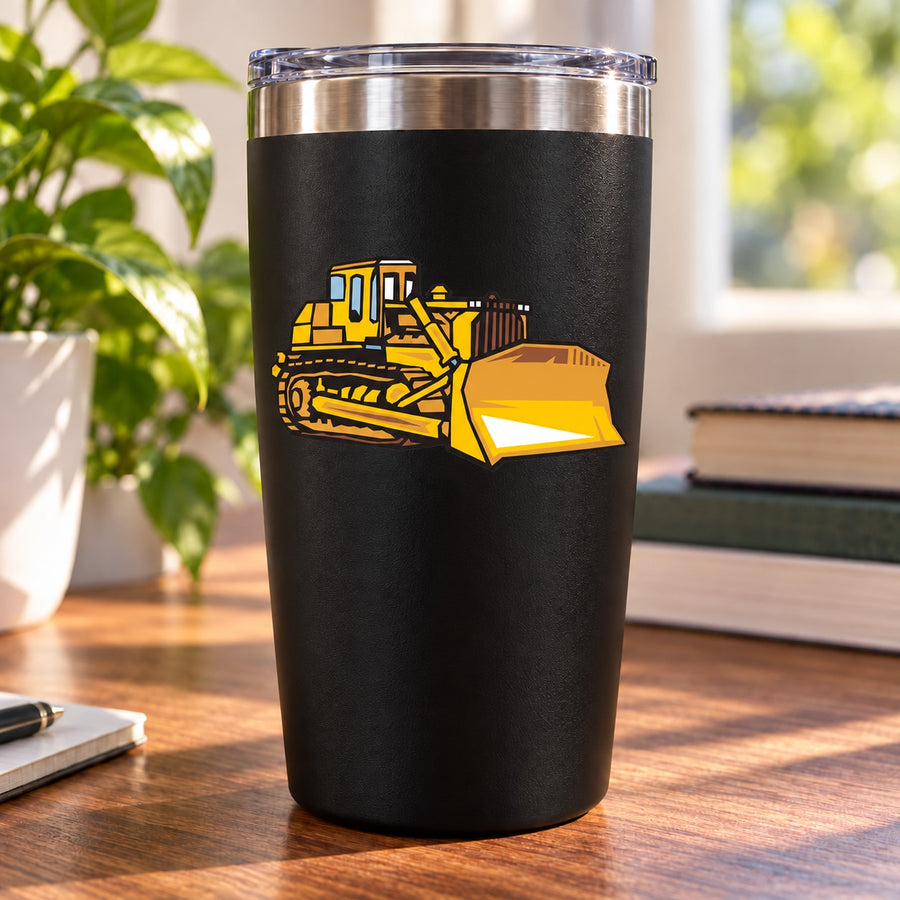 Bulldozer Sticker — illustrative vinyl decal application mockup. Surrounding objects are not included.
