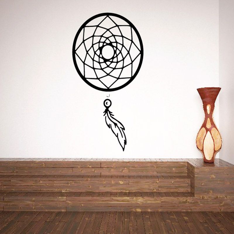 Dream catcher decal with black circular web and hanging feather design