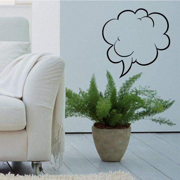 Thought bubble cloud outline wall decal with curled tail, black line art