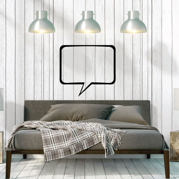 Black rectangular outline speech bubble decal with square corners and tail