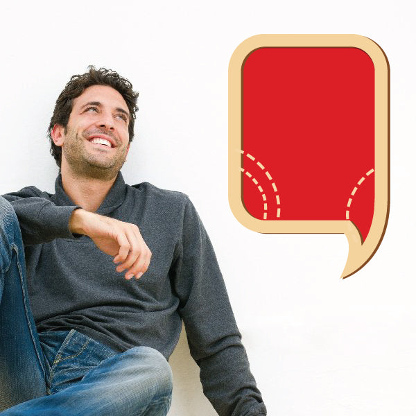 Red speech bubble sticker with beige rounded border, rectangular shape.