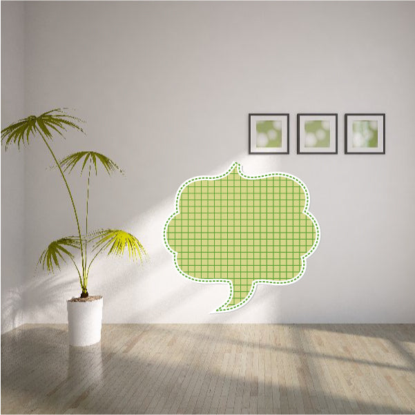 Green grid stitched speech bubble sticker with white outline border