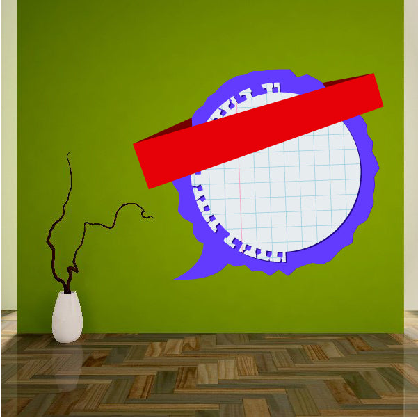 Purple grid speech bubble sticker with red banner