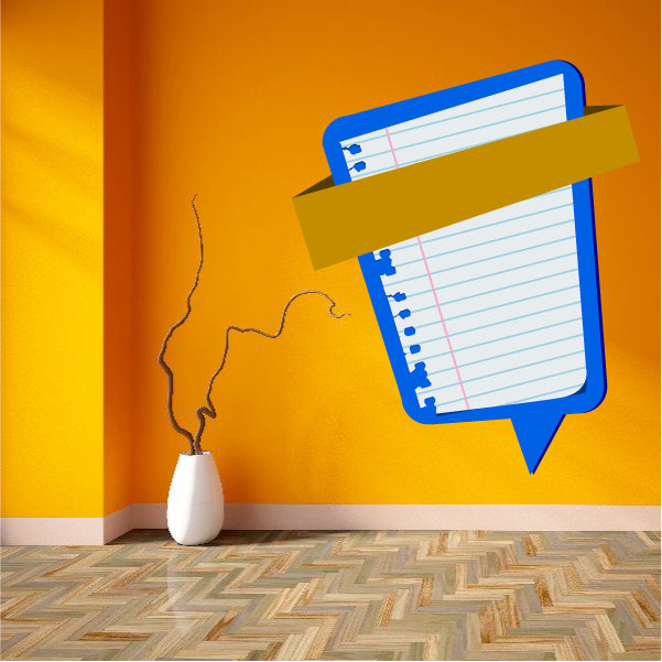 Blue speech bubble banner sticker with ruled paper lines and folded banner