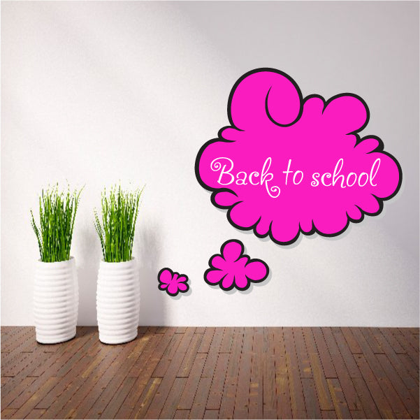 Pink thought-bubble sticker with "Back to school" text and small flowers