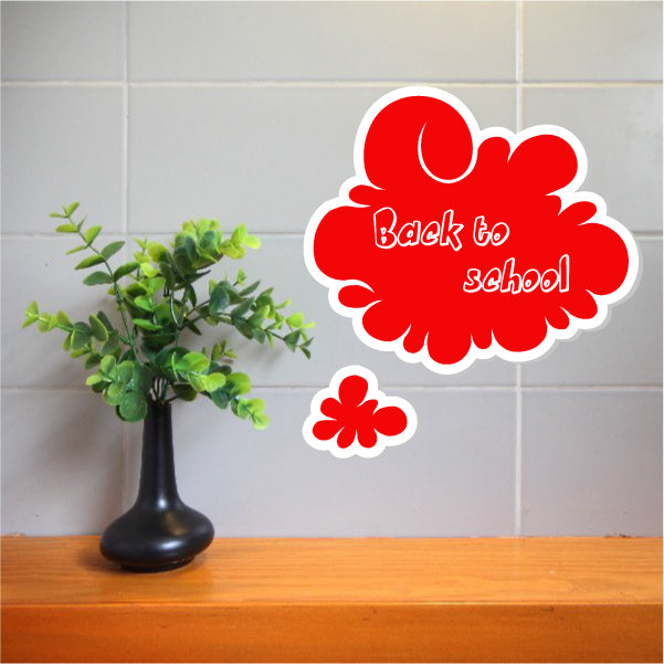 Red thought bubble sticker with Back to school lettering