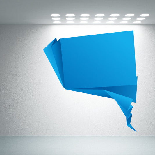 Blue origami speech bubble sticker with angular folded paper design