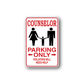 Counselor Parking Only sign sticker with red border, people icons, and arrows text