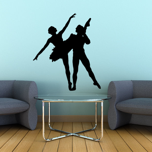 Ballet couple wall decal in black silhouette, dancer supporting partner on pointe
