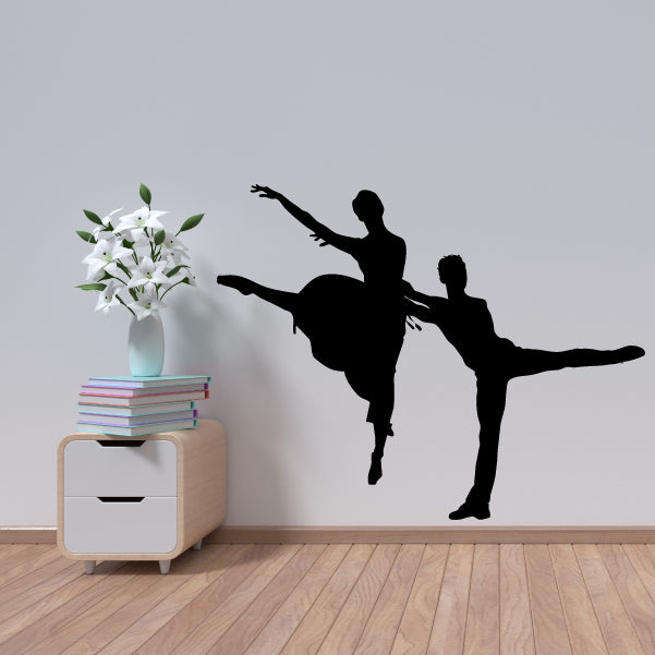 Ballet couple wall decal, black silhouette dancers with opposing extended-leg poses