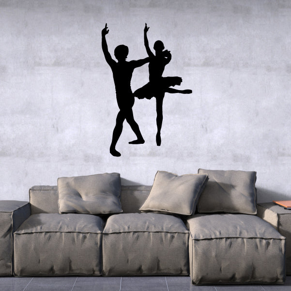 Ballet couple wall decal with arms reaching overhead, black silhouette