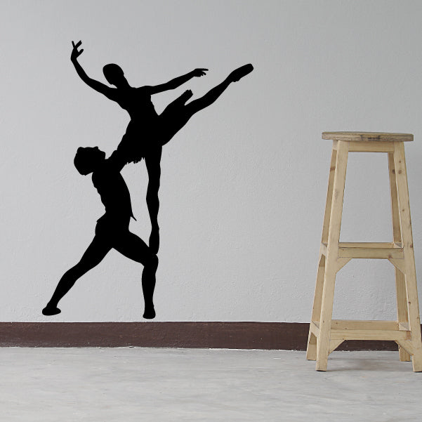 Black ballet partner lift wall decal silhouette with high extended leg pose