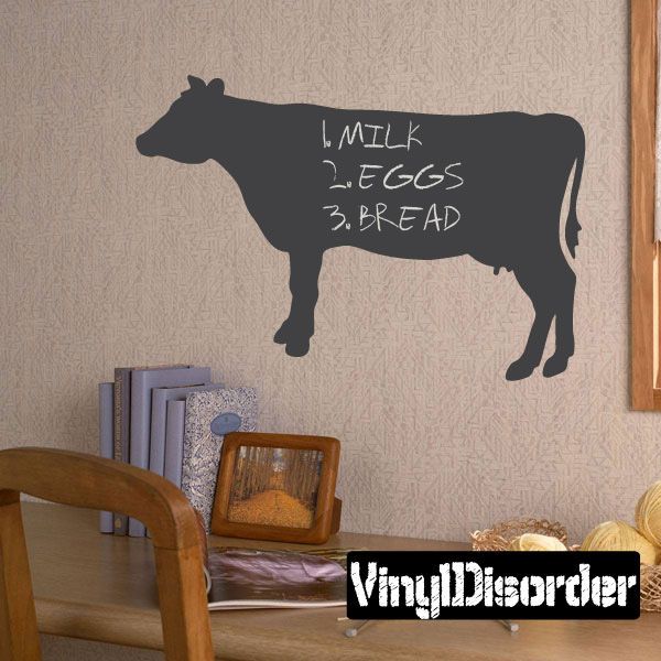 Cow chalkboard decal with handwritten “MILK, EGGS, BREAD” list